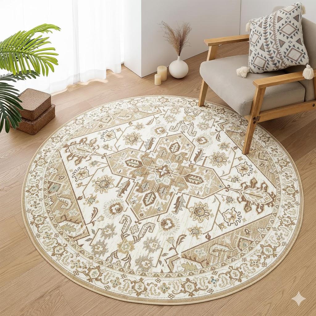 VK VK·LIVING Round Washable Rug 5'Ft Vintage Machine Washable Area Rugs with Non Slip Round Rugs for Living Room Bedroom Traditional Woven Carpet Stain Resistant Dining Office Boho Rug,Green&Beige