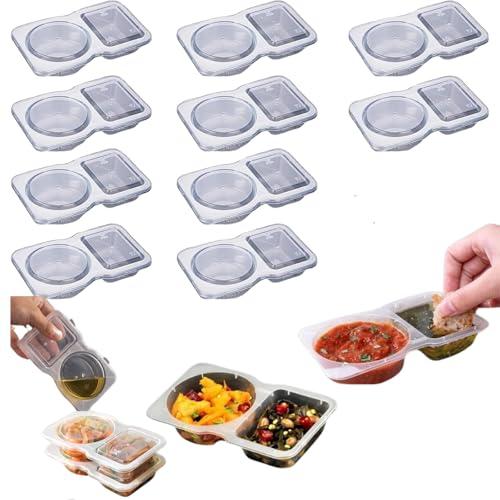 Pack Of  2 Uioecn 10PCS Double Compartment Condiment Container,Double Compartment Condiment Container with Lids, 2 Compartment Snack Containers, Portable Reusable Sauce Containers