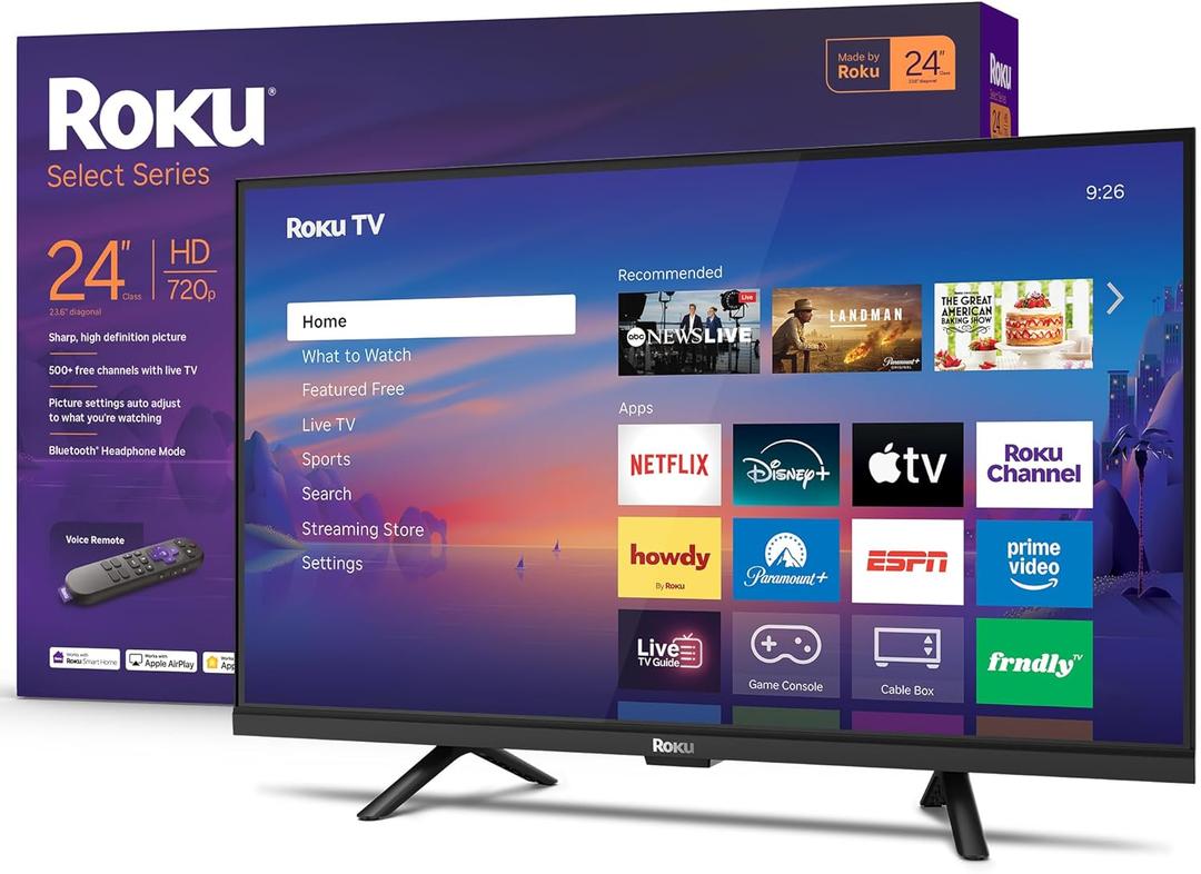 Roku Smart TV 2026 – 24-Inch Select Series, 720p HD TV – Roku TV with Voice Remote – Flat Screen LED Television with Wi-Fi for Streaming Live Local News, Sports, & Movies – Bluetooth Headphone Mode