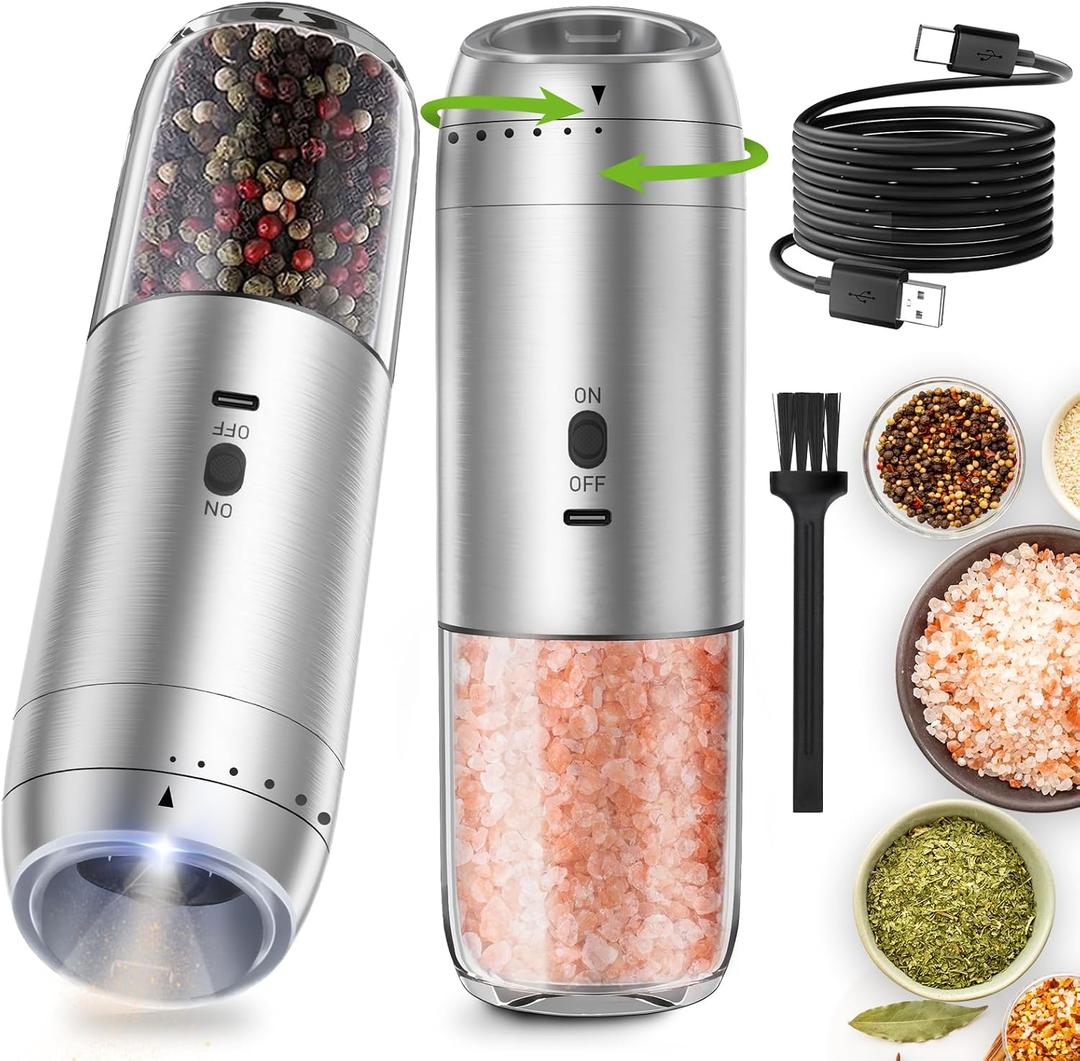 Rechargeable Salt and Pepper Grinder Set Gravity,Electric and Refillable Pepper Grinder Mill Automatic,Stainless Steel,LED Light, Adjustable 6 Coarseness,176ml Large Capacity