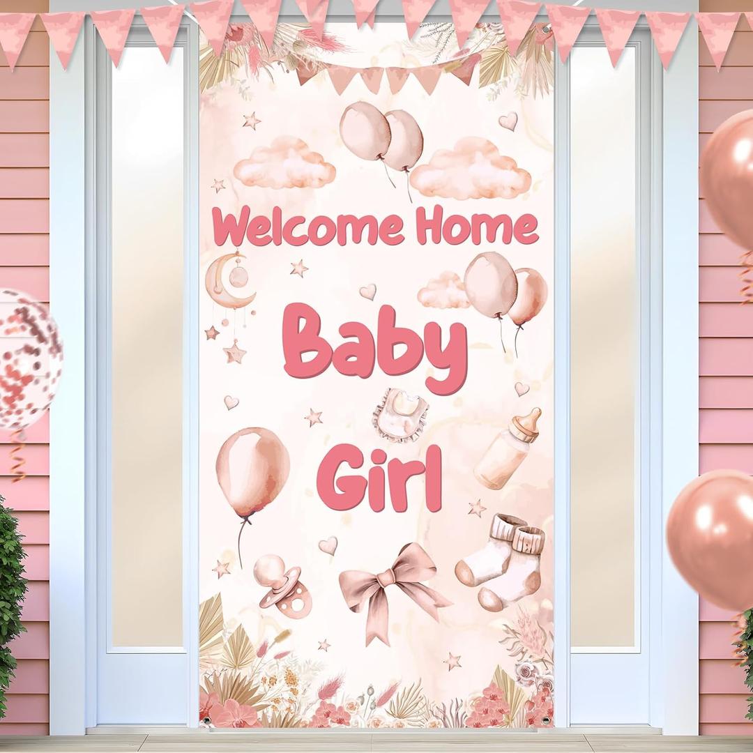 Welcome Home Baby Girl Banner Decorations Welcome Baby Girl Door Cover It's a Girl Welcome Baby Girl Door Banner Boho Rainbow Baby Shower Decorations for Girl Gender Reveal Baby Shower Party Supplies (Pink)