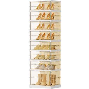 8 Tiers 8-16 Pairs Foldable Shoe Boxes Large Plastic Shoe Storage Rack Collapsible Shoe Organizer for Closet Tall Shoe Shelf Clear Stackable Shoes Cabinet with Doors Entryway (8 Tiers 16 Pairs, Brown)