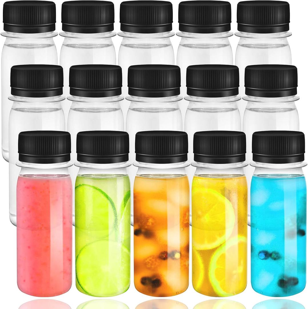 30 Pack 2 oz Plastic Shot Bottles with Caps,Mini Clear Ginger Shots Bottles,Plastic Juice Containers Small Clear Jar for Ginger,Juice,Sample,Whiskey with Funnels,Black