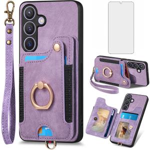 Phone Case for Samsung Galaxy S24 Plus S24+ 5G Wallet Cover with Tempered Glass Screen Protector and Wrist Strap Lanyard RFID Credit Card Holder Ring Stand Cell S24plus 24S + S 24 24+ Women Men Purple