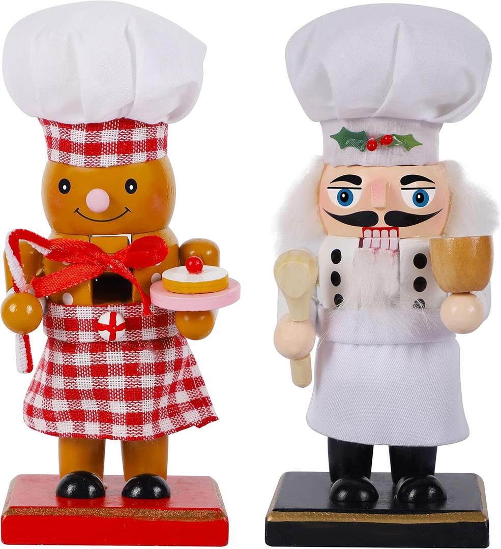 Joliyoou 2 Packs 7 Inch Christmas Nutcracker Figures, Wooden Nutcracker Santa Chef and Gingerbread Man Chef, Large Xmas Nutcracker Tabletop Centerpieces Mantel Shelves Decorations