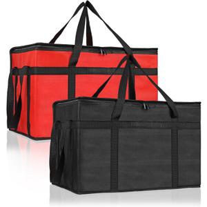PEASUG 2 Pcs Insulated Bags for Food Delivery, XXXL Pizza Delivery Bags, Large Capacity Cooler Bag Keep Food Warm for Grocery Shopping and Catering, Foldable, Heavy-Duty (Red+ Black)