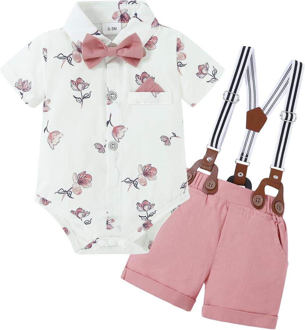 Nilikastta Baby Boy Outfits Infant Boys Clothes Dress Shirt/Bowtie/Suspender Shorts Wedding Party 0-18M (6-12 Months)