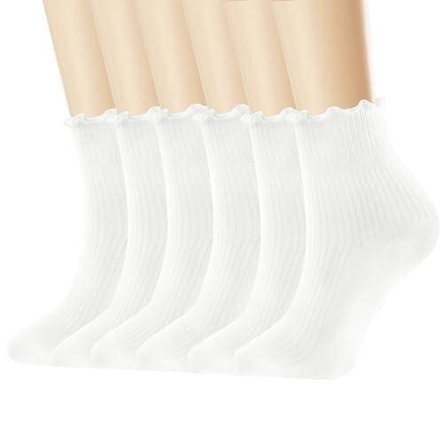 DQCUTE Women's Ruffled Socks,Cute Ankle Boot Frilly Soft Breathable Knit Cotton Lettuce Trim Crew Socks for Teen Women  5-9 , 4Pairs,White Color