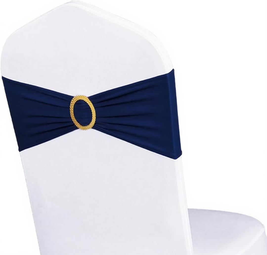 Pack of 50 Spandex Navy Blue Chair Sashes with Gold Buckles, Stretch Chairs Sashes for Wedding Party Baby Shower Ceremony Event Decorations Chair Bands Bows (Navy Blue Sashes, Gold Buckles)