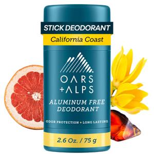 Oars + Alps Aluminum Free Deodorant for Men | Long Lasting Odor Protection, Clear & Free of White Residue, Anti-Chafing Smooth Glide, Dermatologist Tested, California Coast, 1pk, 2.6oz