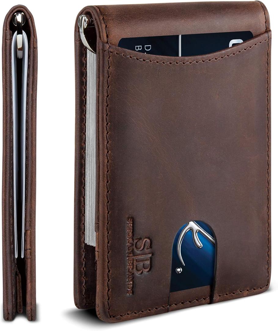 SERMAN BRANDS RFID Blocking Slim Bifold Genuine Leather Minimalist Front Pocket Wallets for Men with Money Clip Thin Gift (Brown)