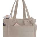 Puffer Tote Bag for Women, Quilted Bow Tote Bag with Cup Holder & 15.6 In Laptop Compartment for Work, Travel, Gym, College (Light Brown)