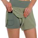 Ksmien Women's 2 in 1 Running Shorts - Lightweight Athletic Workout Gym Yoga Shorts Liner with Phone Pockets (Green, XL)
