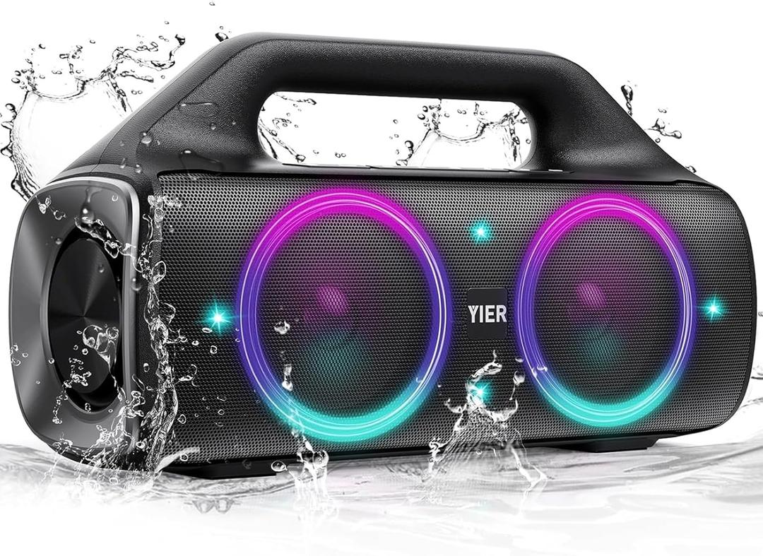 Speakers, YIER 80w (Peak) Portable Wireless Speaker with Lights, Stereo Loud Sound, IP67 Waterproof, Deep Bass Outdoor Speakers Bluetooth 5.0 Dual Pairing for Home Party Beach Camping, Gifts