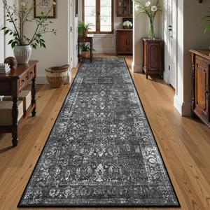 Lahome Black Washable Runners for Hallways,Boho 2'6"x10' Kitchen Runner Rugs Non Skid Washable Indoor Bathroom Runner Rug,Distressed Carpet Runners for Bedroom Entryway Foyer(2'6"x10', Black/Grey)