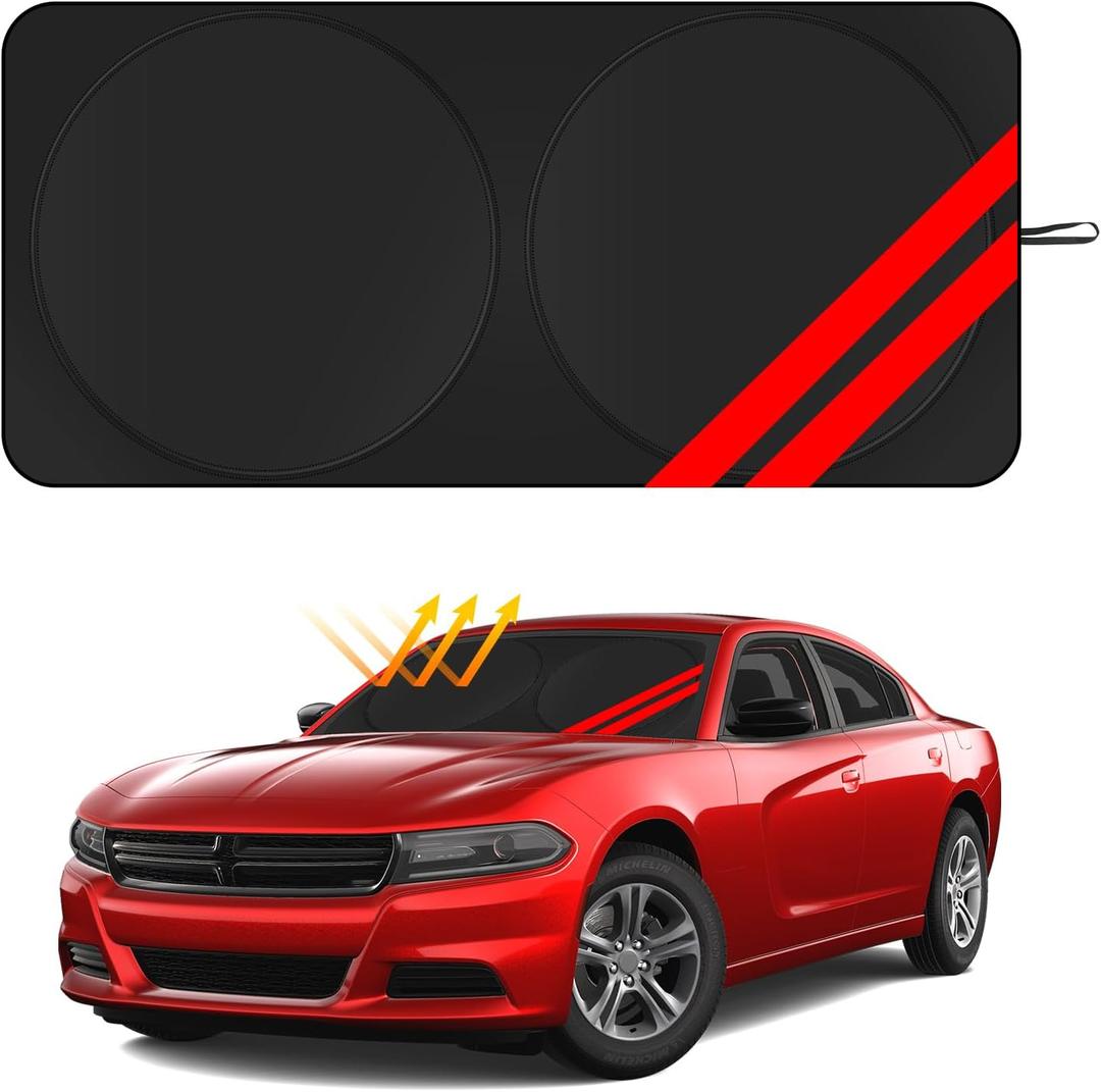 Windshield Sun Shade for Dodge Charger Challenger Durango Ram Accessories Universal Fit to All Dodge Cars Sunshade Foldable Sun Visor Protector Blocks UV Rays Keep Your Car Cooler (Red)