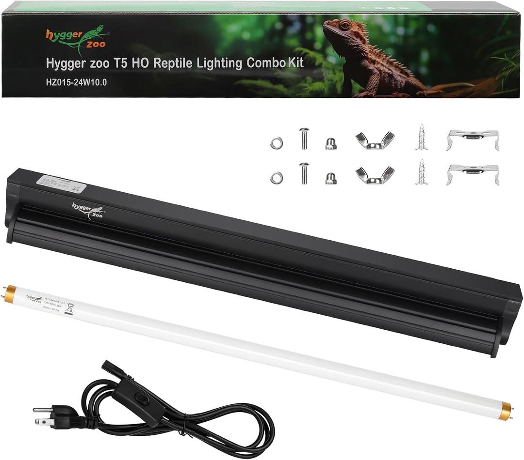 T5 UVB Reptile Light Fixture HO UVB Bulb Lighting Combo Kit, 10.0 UVB Light for Reptiles Terrarium Hood with 24W Reptile Light Bar UVA UVB Desert Lamp for Bearded Dragon Turtle Tank, 22Inch