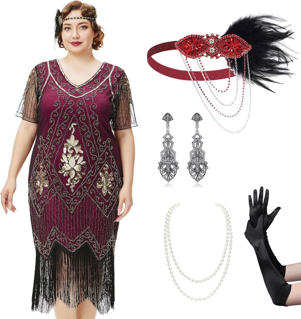 BABEYOND Great Gatsby Dresses Set for Women Plus Size Cocktail Dress 1920s Flapper Costume Set for Women (4XL)