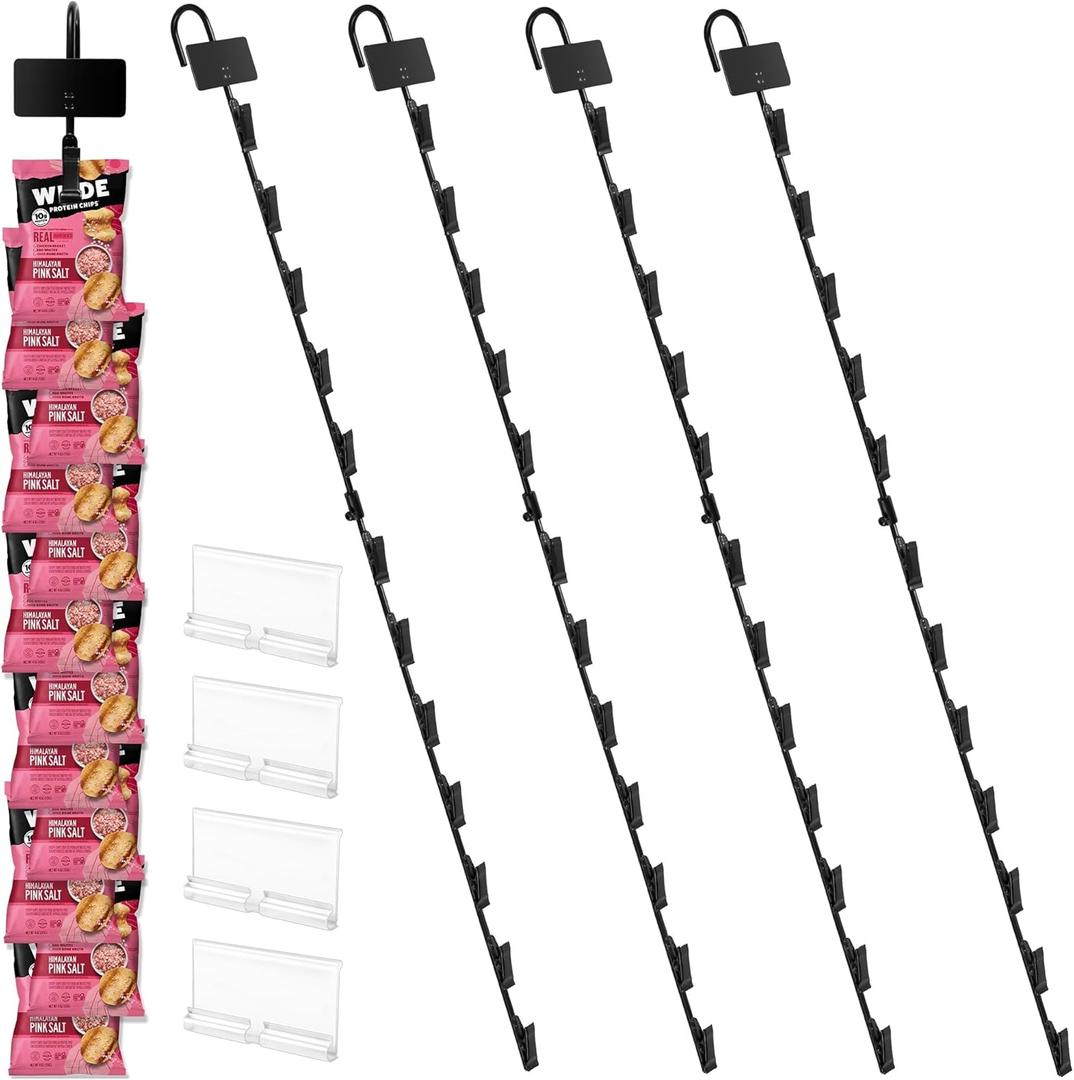 Hanging Merchandise Strips with Hooks - 32 inches Chip Display Rack Stands - Potato Chip Rack Bag Holder with 12 Clips for Retail Displaying, 4 Pack Black with Label Headers