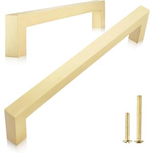 QOGRISUN 2-Pack Solid Brass Cabinet Pulls, Gold Square Drawer Handles, 5-inch Hole Center Kitchen Hardware for Dresser, Cupboard, Brushed Brass Finish