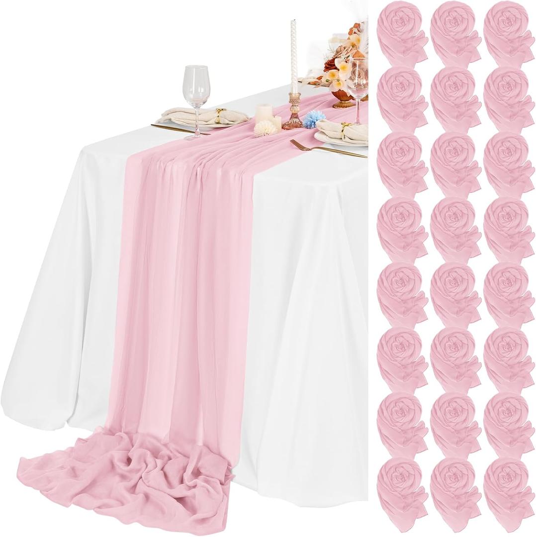 24 Packs Light Pink Cheesecloth Table Runner,10ft Rustic Gauze Boho Wedding Table Runner Decoration, Wedding Table Decor Sheer Table Runner for Wedding Party Bridal Shower Table