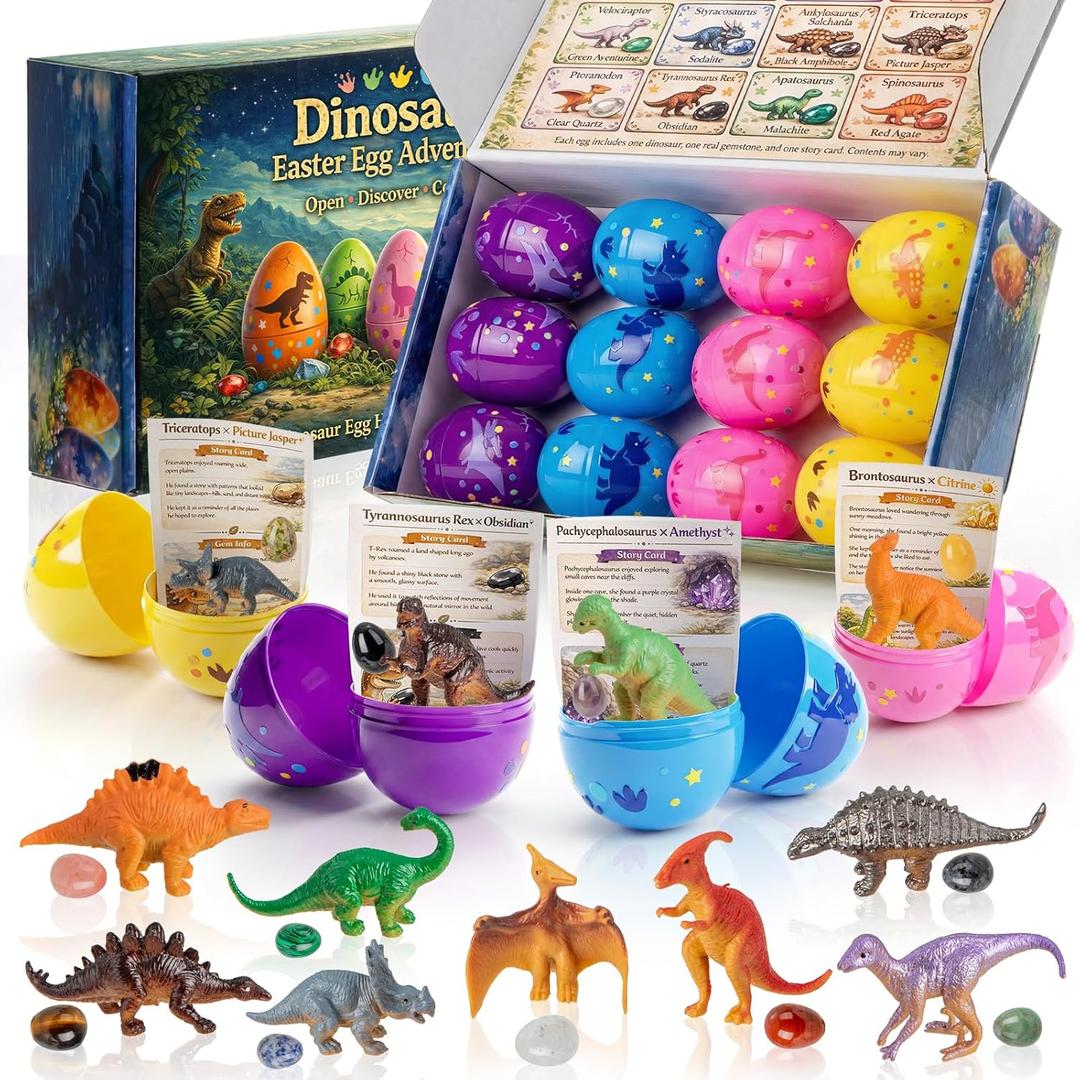 Easter Egg Fillers & Basket Stuffers - Prefilled Easter Eggs, 12 Pcs Dinosaur Toys & Real Gemstones, Scientific Gifts with Story Cards for Kids, Easter Toys Party Favor foe Egg Hunt