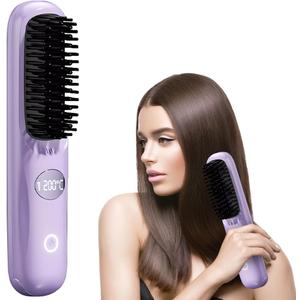 Go Brush, Multifunctional Hair Straightener Brush with 3 Temperature Settings and LCD Display, Portable Straightening Brush for Smooth Hair, Fast Heating Hair Styling Tool for Daily Use (Purple)