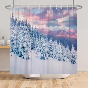 Winter Forest Shower Curtain Snowy Pine Trees with Snow Mountain Christmas Waterproof Polyester Shower Curtain Cool Holiday Bathroom Curtain Fabric 72x72 in with 12 Hooks