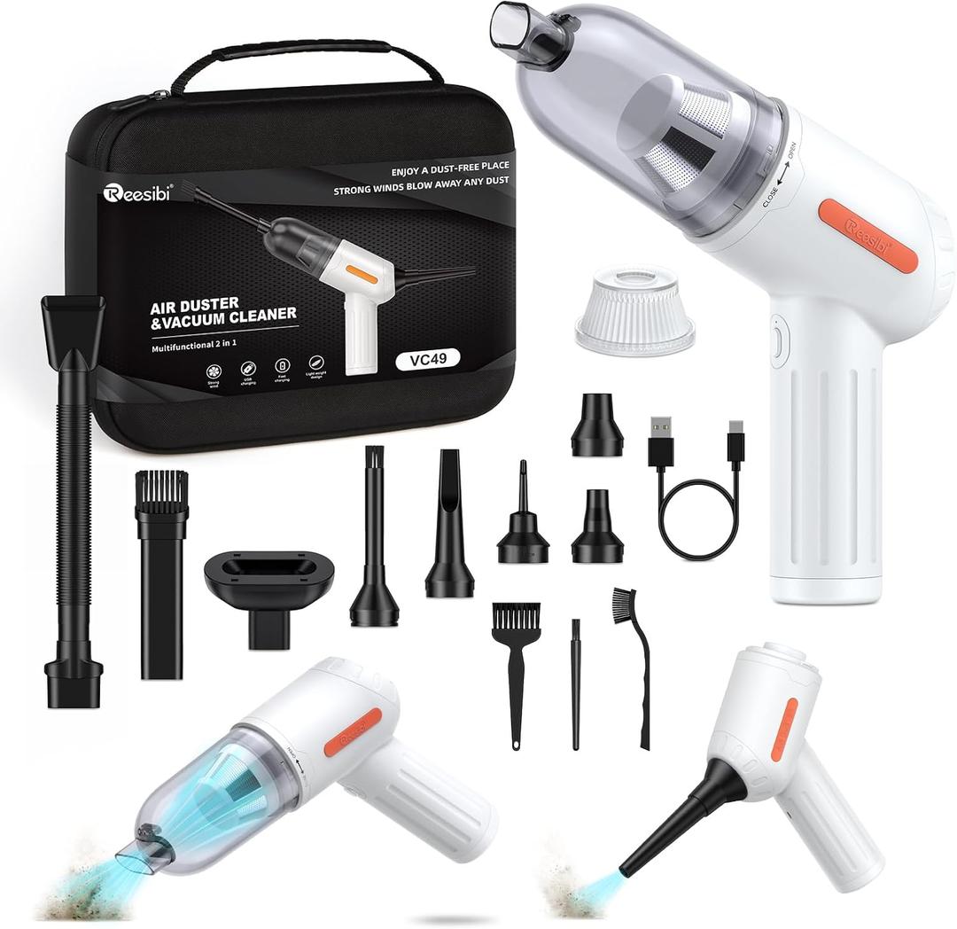 Reesibi 4 in 1 Powerful Compressed air Duster - 150000RPM Cordless Air Blower & 15KPA Car Vacuum Cleaner - Brushless Motor Electric Dust Blower with 3 Speed & 7600mAh Battery - Keyboard Cleaner Kit