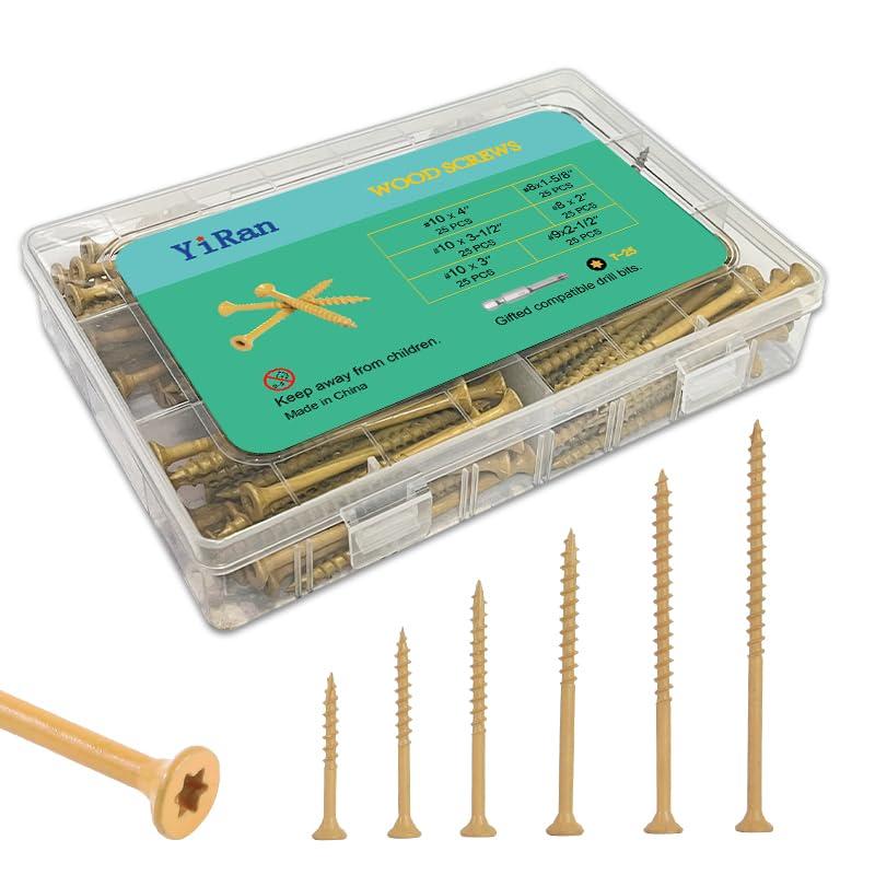 YIRAN Deck Screws Wood Screws Assortment Kit, 150 PCS, Wood Screws, Screws, Drywall Screws, Screws Set, 6 Sizes(1-5/ 8, ''2, ''2-1/ 2, ''3, ''3-1/ 2, ''4, ''), T25 Star Bit Included, Tan
