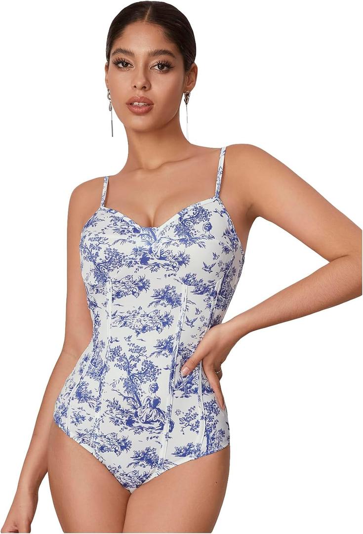WDIRARA Women's Plant Figure Print Spaghetti Strap Shirt Sleeveless Cami Bodysuit (Blue, S)