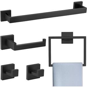 Matte Black 5 Pieces Bathroom Hardware Accessories Set Towel Bar Towel Holder Towel Racks Set for Bathroom,Stainless Steel Wall Mounted 16-Inch Towel Bar