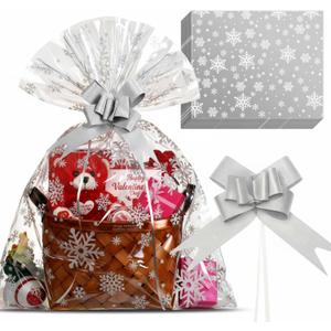 Teenyyou 24 Pcs Cellophane Bags for Basket 24 x 30 Inches & 24 Pcs Large Pull Bows, X-Large 2.5 Mil Thickening Plastic Cellophane Bags for Valentine's Day Birthday Party Gift Wrapping (Snowflake)