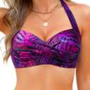 Yonique Women Halter Bikini Top Push Up Swimsuit Top Retro Swim Top Twist Front Bathing Suit Top Only (Small, Purple Leaf)