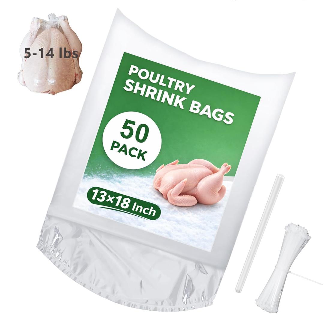 BPA-Free Poultry Shrink Bags 13x18'' 50 Pack Heat Shrink Wrap for Turkey Chicken Rabbit Freezer Safe with 50 Zip Ties & Silicone Straw by Hoqqf
