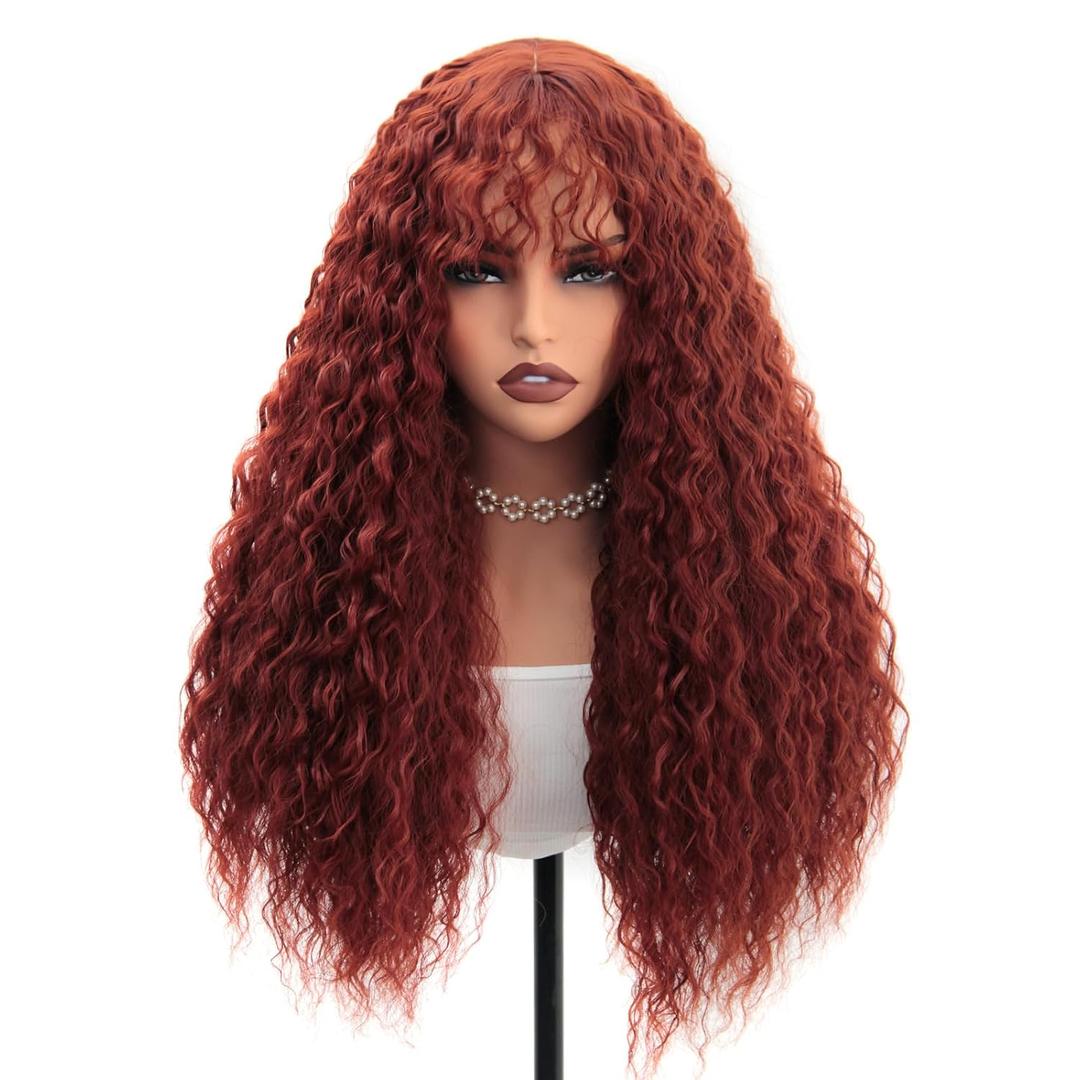 Curly Wig with Bangs for Women Long Synthetic Copper Red Curly Wigs Skin-friendly Synthetic Fibersc for Daily Festival Holiday Use Long Reddish Brown Curly Wig 26INCH