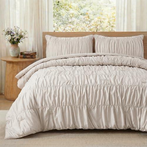 Bedbay Beige Ruched Duvet Cover Queen Size,100% Cotton Boho Bedding Set,Soft Breathable Wrinkled Comforter Cover 3 Pcs,Vintage Ruffled Farmhouse Rustic Beding Set for All Seasons