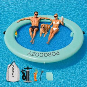 Inflatable Water Hammock with Cup Holders for Lake, River & Ocean | 8FT/10FT/12FT Heavy Duty Round Floating Island Drop-Stitch PVC Dock Platform Raft Fits Adults Family Couples Friends Beach