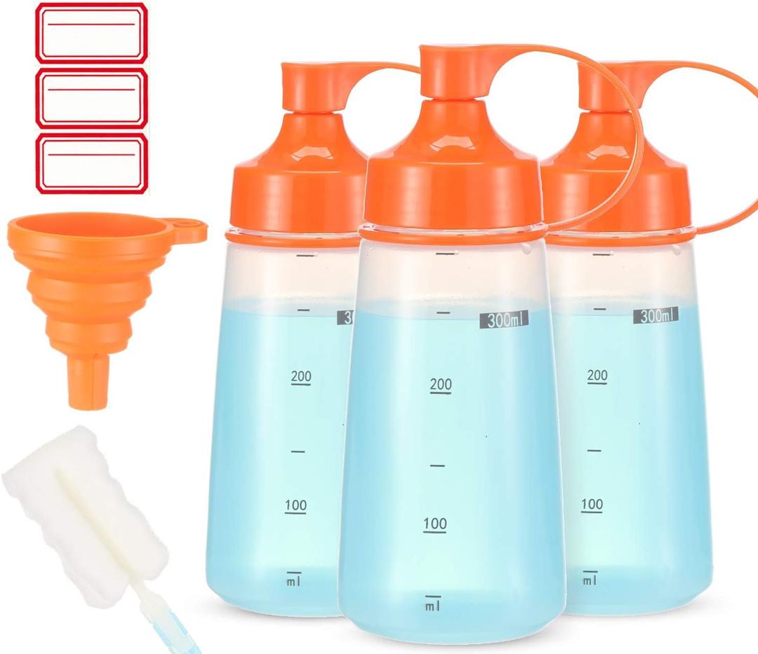 Plastic Condiment Squeeze Bottles for Sauces Wide Mouth - Salad Dressing Bottle Dispenser for Sauce Cooking Oil Ketchup Syrup Liquids Griddle Paint Mustard Resin (3-Pack (orange), 10, ounces)