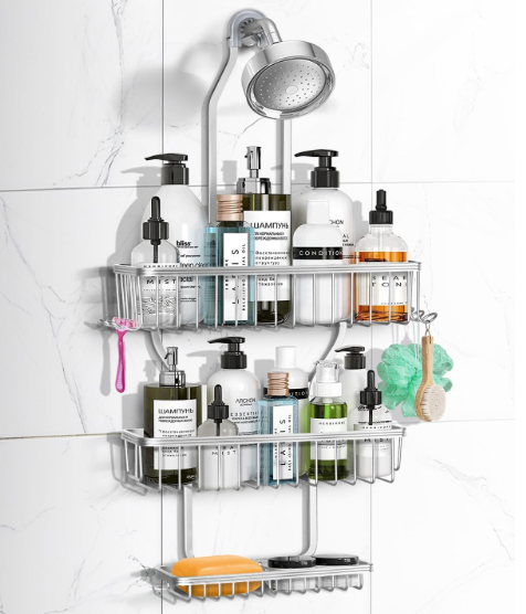 Shower Caddy Hanging - Never Rust Shower Hanging Organizer - Aluminum Over the ShowerHead Caddy with 6 Hooks for Razor/Sponge (Silver)