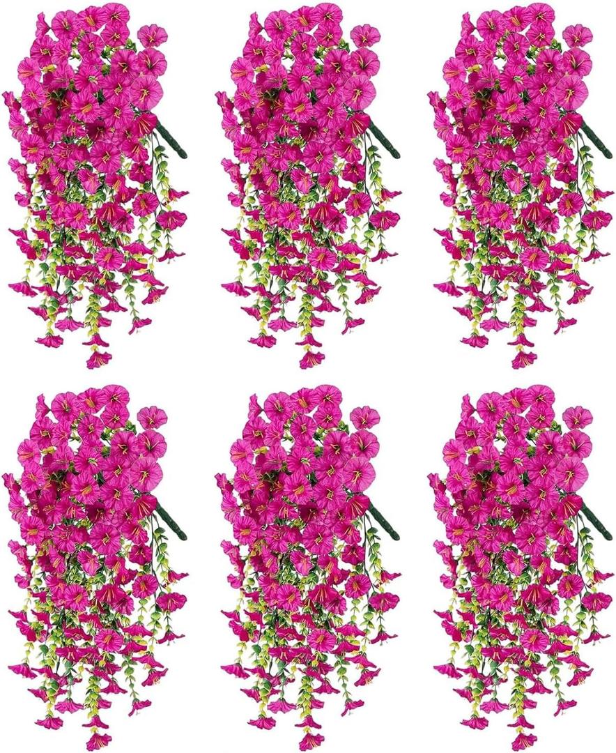 Artificial Haning Flowers for Outdoors, 6 Pcs UV Resistant Morning Glory | 300 Blooms with Eucalyptus Leaves, Realistic Fake Flowers Vines for Outside Planter Porch Patio Balcony Yard Garden