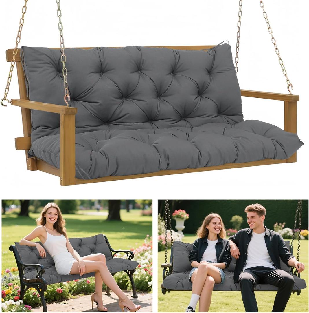 Porch Swing Cushions 60x40 Inch, 5" Extra Thick Waterproof Outdoor Swing Seat Cushion with Backrest & 8 Non-Slip Ties PP Cotton + Memory Foam Fill, Fade-Resistant 3-Seater Replacement for Patio Bench