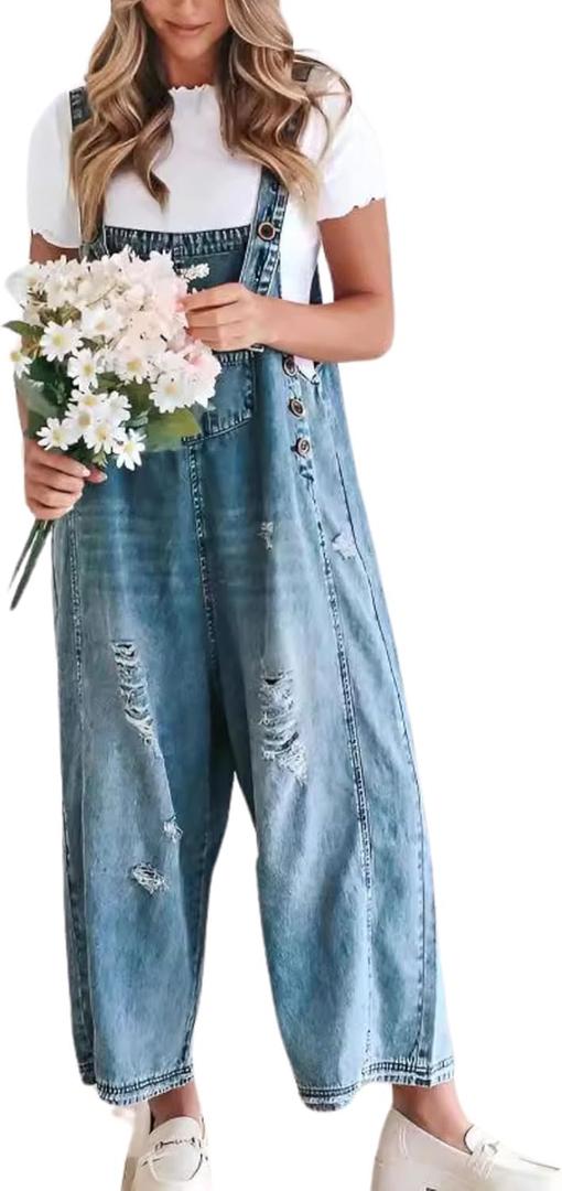 chouyatou Women Loose Adjustable Strap Denim Bib Overall Jeans Distressed Wide Leg Baggy Overalls Jumpsuit (Medium, Blue)