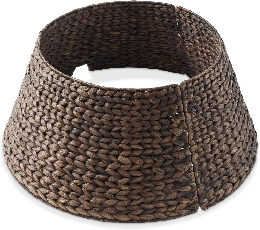 Casafield 24-Inch Christmas Tree Collar, Woven Water Hyacinth Tree Base Cover with Cord Cut Out, Espresso (Small Round)