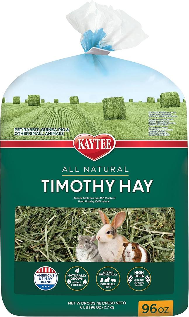 Kaytee Timothy Hay, High Fiber, Grown Specifically for Small Animals, Rabbits, Guinea Pigs, Chinchillas, 96 Ounces (EXP 02/07/27)