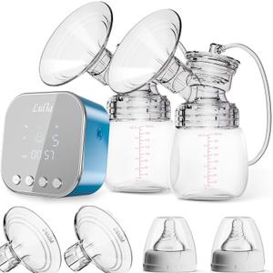 Double Electric Breast Pump Strong Suction, Portable Breast Pump Electric Breastfeeding Pump, Rechargeable Milk Pump with 4 Modes & 9 Levels, Low Noise, Anti-Backflow & LED Display, 24mm Flange, Blue