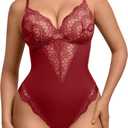 FeelinGirl Womens Body Suits Shapewear Tummy Control Backless Thong Body Shaper V Neck Compression Lace Bodysuit Tops (Large, Deep Red)