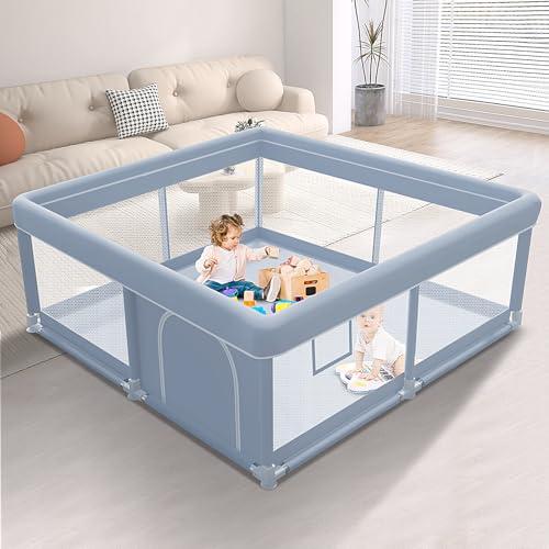 XVISHX 50 x 50 Inch Baby Playpen, Playpen for Babies and Toddlers, Baby Play Pen Playard for Indoor & Outdoor Active Center Game Fence, with Skin-Friendly Fabric and Soft Breathable Mesh, Grey