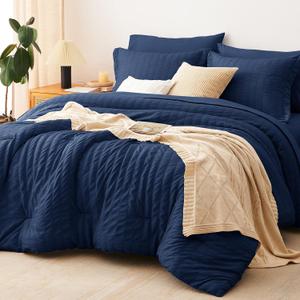CozyLux Full Size Comforter Sets with Sheets Seersucker 7 Pieces Navy Blue Bed in a Bag Textured Luxury Soft Bedding Set with Down Alternative Comforter, Sheets, Pillowcases & Shams for All Seasons