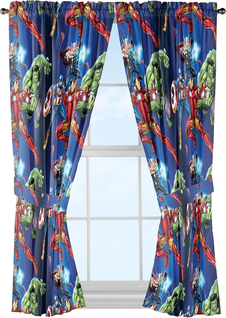 Jay Franco Kids Window Drapes - 4 Piece Curtain Set Includes 2 Tiebacks, Beautiful Bedding Room Dcor and Easy Set Up, Blue - Avengers, 63 Inch